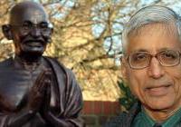 Rajmohan Gandhi with bust of his grandfather